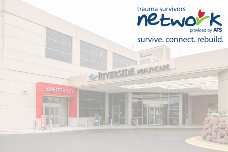 The Trauma Survivors Network logo sits on a photo of Riverside Medical Center's Emergency Department