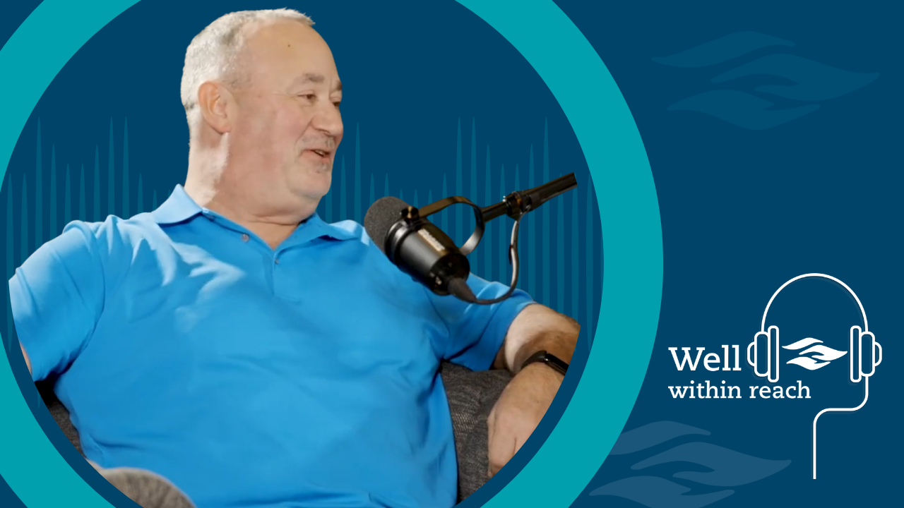 Tom Souligne smiling and speaking on Riverside’s Well Within Reach podcast set, sharing how a CT Heart Scan at Riverside uncovered life-threatening blockages and changed his future.