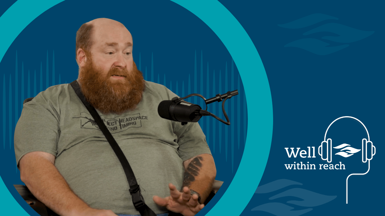 David, a Riverside Pathways patient and Navy veteran, sits with his service dog Diesel during a podcast interview about seeking behavioral health support.
