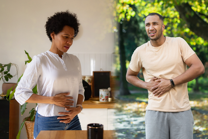 Two individuals holding their abdominal areas as if in pain