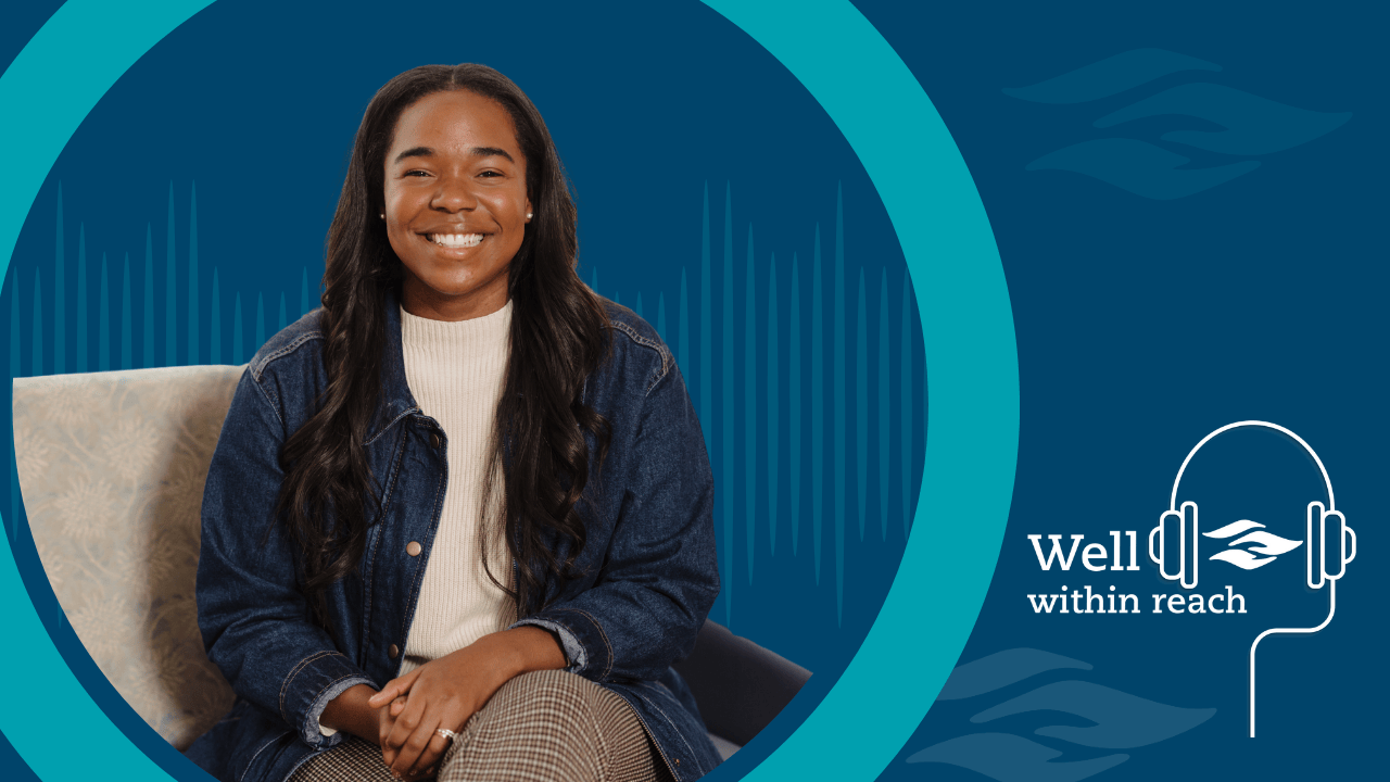 Taylor-Marie Leman smiling on the set of Riverside’s Well Within Reach podcast, sharing how quick action by the labor and delivery team saved her and her daughter from severe preeclampsia.