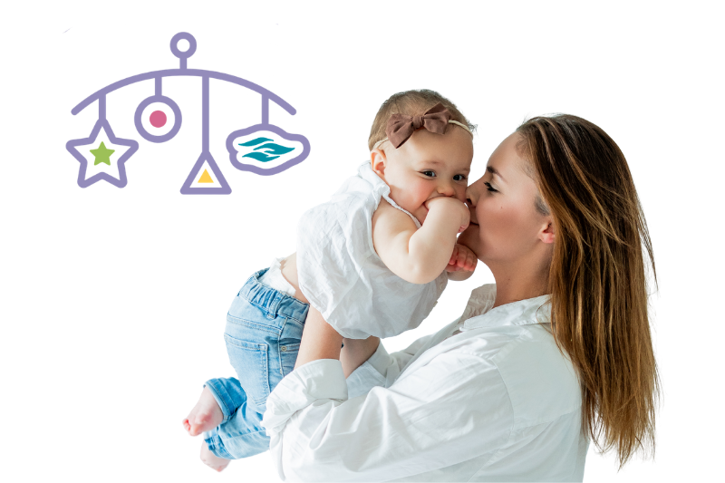A mother holds her baby up and kisses her cheek, with a colorful Baby & Beyond event mobile graphic in the upper left corner.