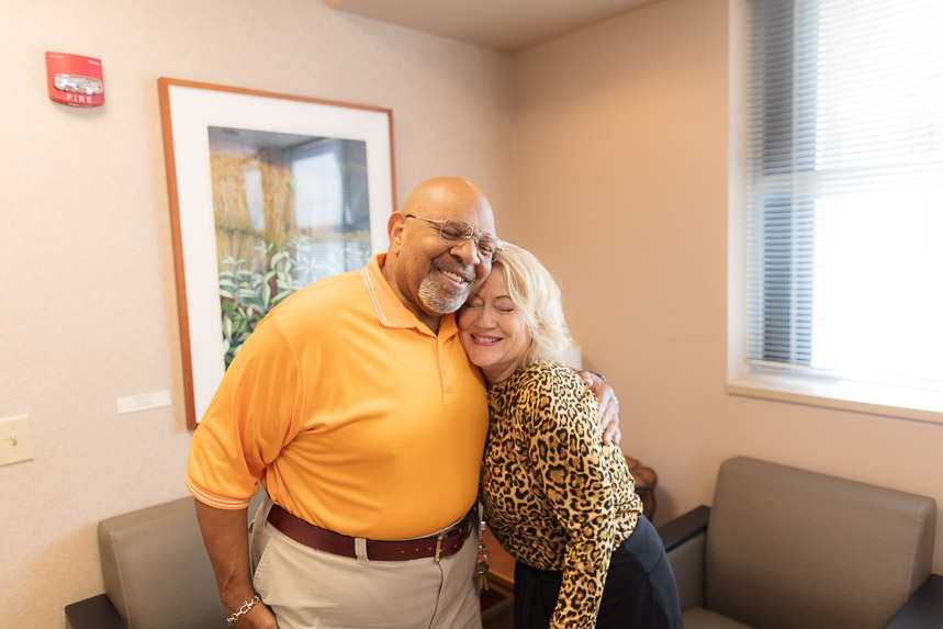 Oncology Chaplain Denise Salem, right, with a patient