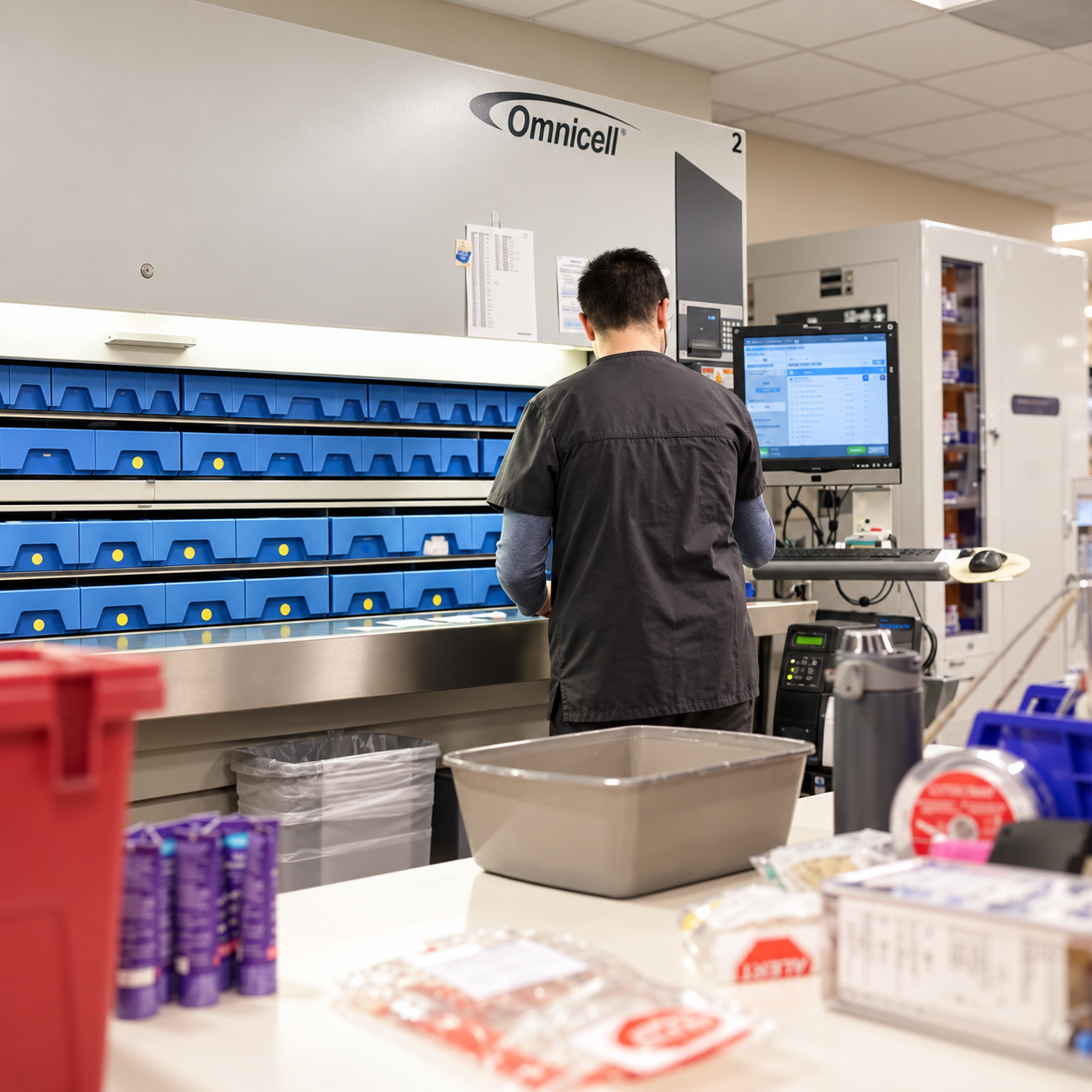 Riverside pharmacy team member working beside an automated medication dispensing system