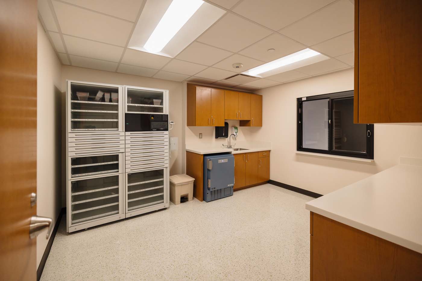 Dedicated medication room with secure storage cabinets and a work station.